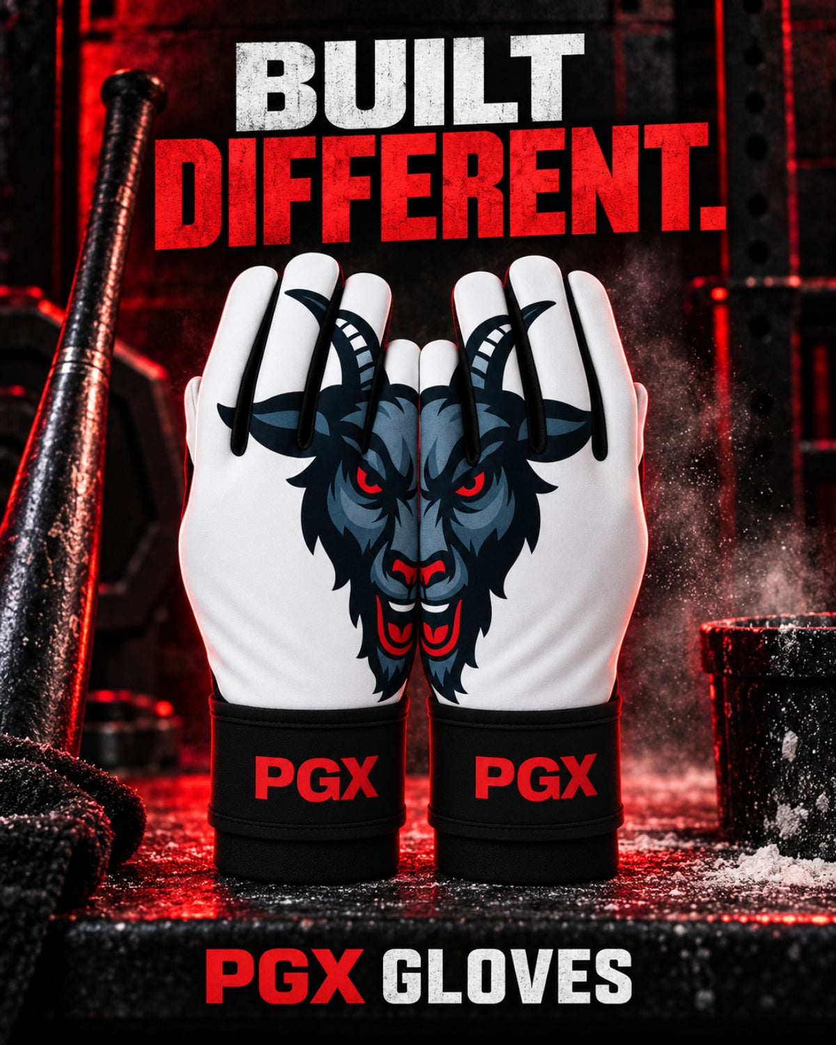 Pair of PGX GOAT long cuff batting gloves with ram artwork and Built Different text