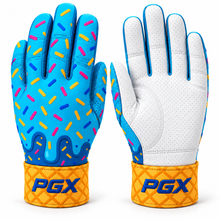 PGX Ice Cream Drip long cuff batting gloves with sprinkle backhand and white pitted leather palm on white background
