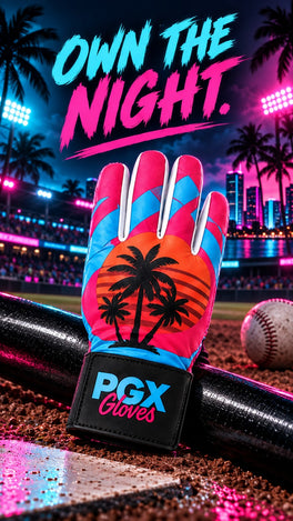 PGX Miami Vice long cuff batting glove at a neon night stadium with Own the Night text