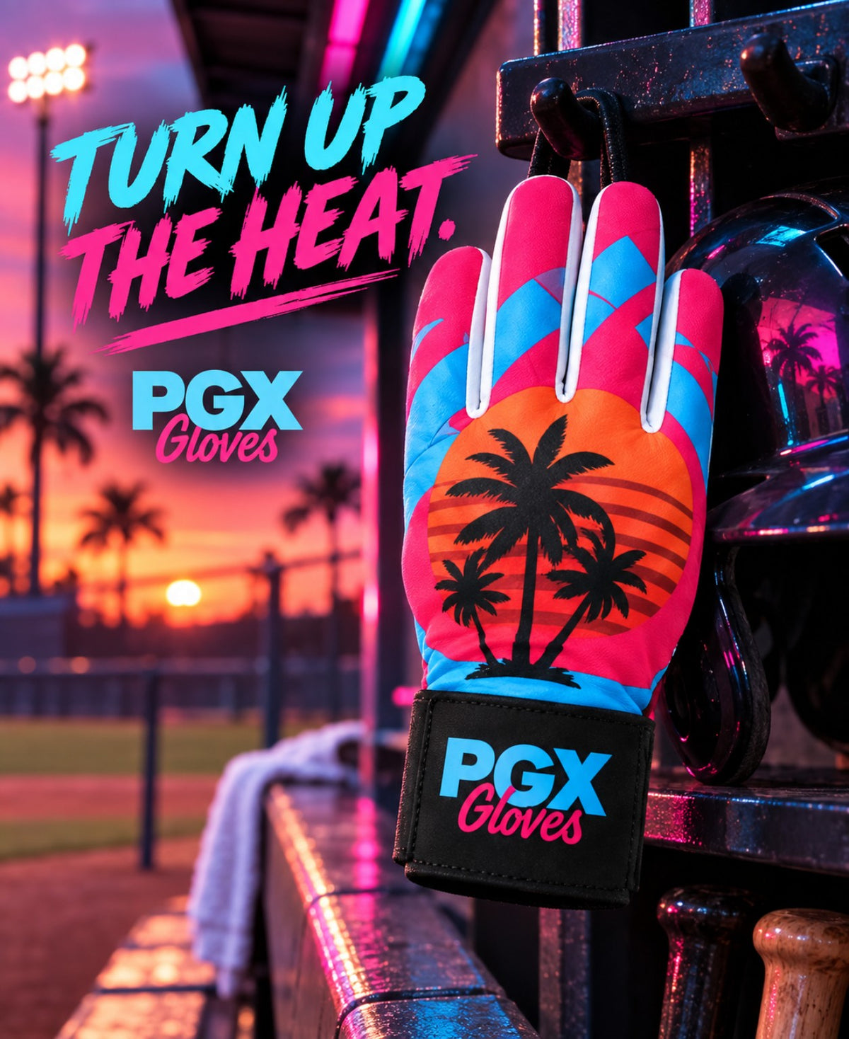 PGX Miami Vice long cuff batting glove hanging in a neon-lit dugout with Turn Up the Heat text