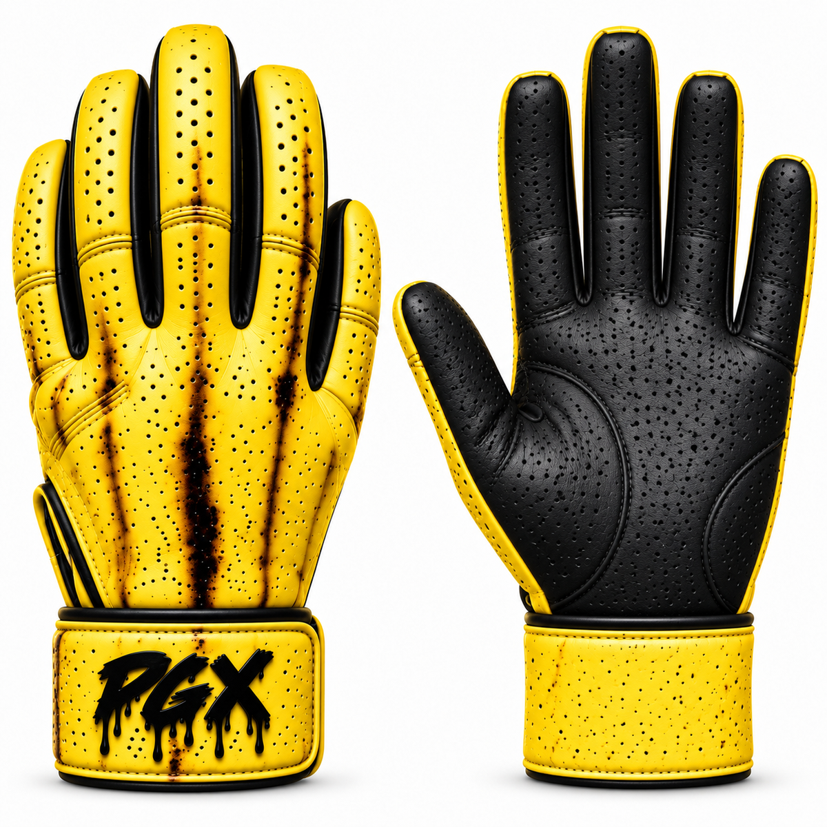 PGX Banana Peel long cuff batting gloves with yellow banana backhands and black pitted leather palms