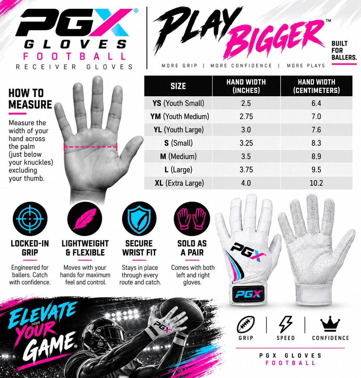 PGX football receiver glove sizing guide
