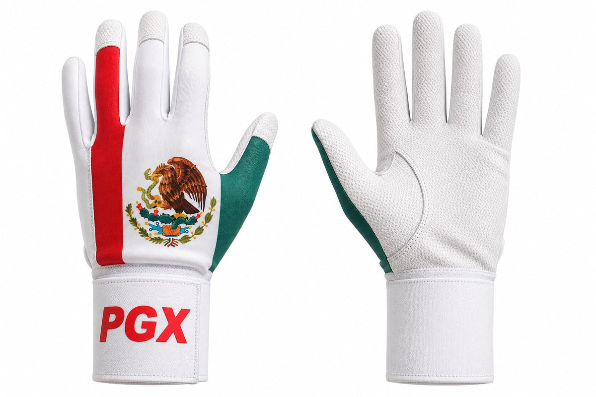 PGX Mexico long cuff batting glove with Mexican flag design and white textured palm