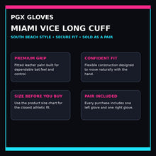 PGX Miami Vice Long Cuff batting gloves purchase confidence guide with grip, fit, sizing and pair included