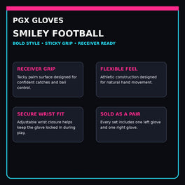 PGX Smiley football receiver gloves grip fit wrist closure and pair features