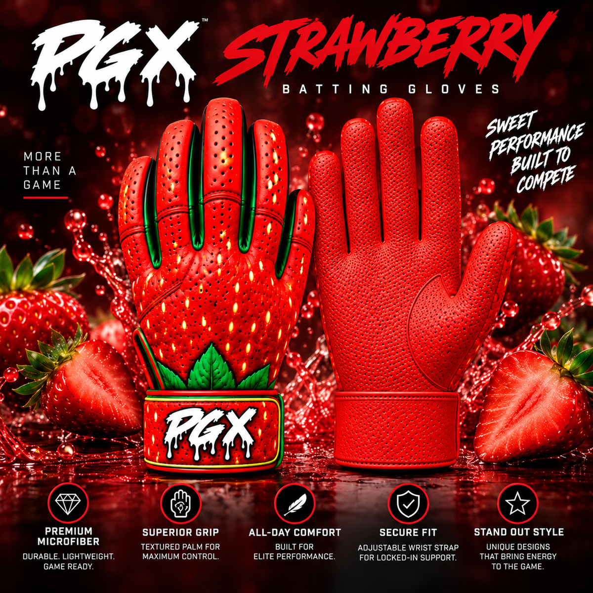 PGX Strawberry long cuff batting gloves promotional image with red pitted leather palm
